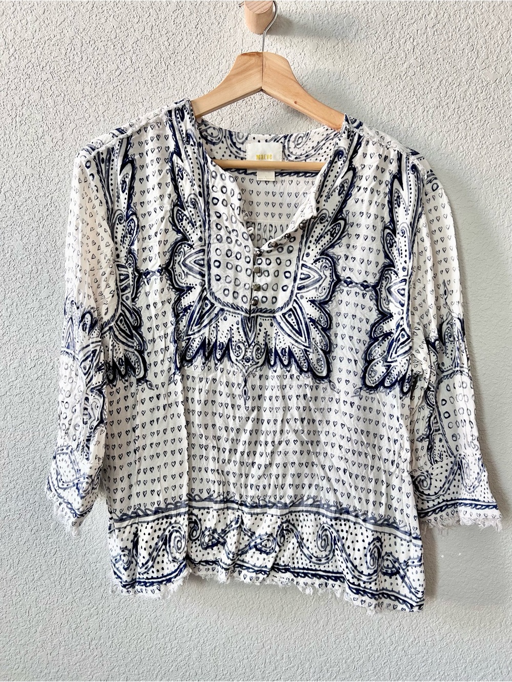 Anthropologie Maeve Morgan Blouse Size Large Blue White Heart Print Raw Edges